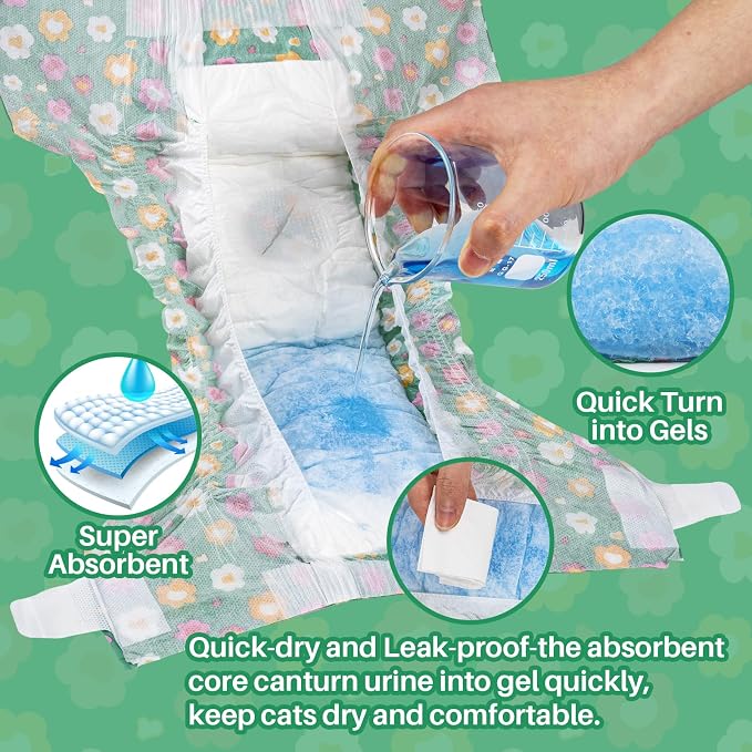 Pet Soft Disposable Cat Diapers - Diaper for Female & Male Cats, Puppy Doggie Diapers for Female Dogs with Adjustable Foam Tail Hole, Small (24Pcs, GN Flowers)