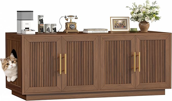 Fluted Cat Litter Box Enclosure, 47.2" Large Double Hidden Litter Box Furniture Cabinet for 2 Cats, Indoor Cat House, Modern End Table for Living Room, Entryway, Bedroom, Walnut
