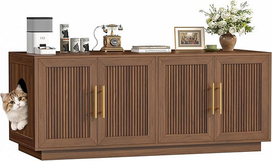 Fluted Cat Litter Box Enclosure, 47.2" Large Double Hidden Litter Box Furniture Cabinet for 2 Cats, Indoor Cat House, Modern End Table for Living Room, Entryway, Bedroom, Walnut