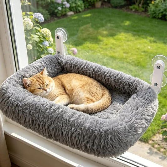 Zoratoo Cloud-Snuggle Cat Window Perch with 4-Sided Ultra-Thick & Fluffy Plush Cushion Bed, Foldable Cordless Cat Window Hammock for Window with Sturdy Metal Frame for Large Cats and Kittens (L, Gray)