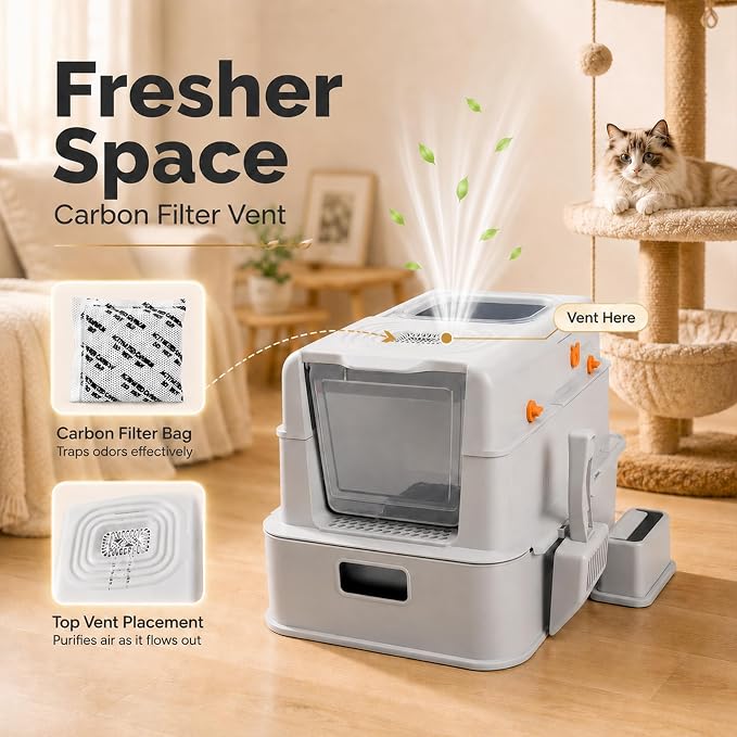 Stainless Steel Enclosed Cat Litter Box with Lid, Front & Top Entry, Drawer & Flip Cover Design, Odor Control Non-Stick Metal Litter Box, Spacious for Large Cats with Scoop and Mat,
