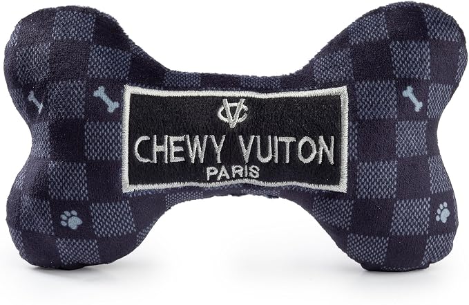 Haute Diggity Dog Chewy Vuiton Bone Plush Squeaky Dog Toy, Soft Durable Designer-Inspired Stuffed Puppy Chew Toys for Small & Medium Dogs, Machine-Washable (Black Checker) Large