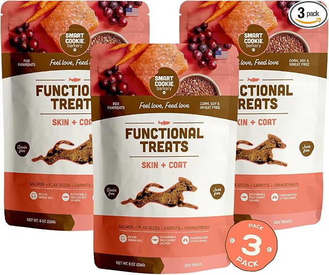 Smart Cookie All Natural Dog Treats - Healthy Skin & Coat Salmon Dog Treats - Ideal for Sensitive Stomachs or Itchy, Allergic, Dry Skin - Dehydrated, Crunchy, Human-Grade, Made in USA - 8oz, Pack of 3