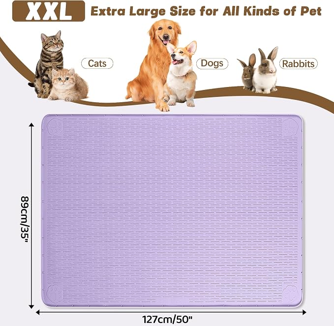 Cat Food Mat, 50" x 35" Extra Large Silicone Pet Feeding Mat with Raised Edge Pet Placemat for Food and Water Bowl Non-Slip, Easy to Clean, Floor Protection (Purple)