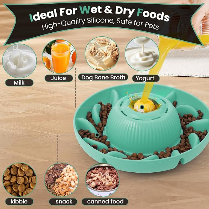 PUPPYGANG 2-in-1 Slow Feeder Dog Bowl for Large Dogs — Silicone Dry Food Maze & Wet Food Lick Ball with Suction Cup, Interactive Puzzle Feeder, Non-Slip & Detachable, Easy to Clean (Green)