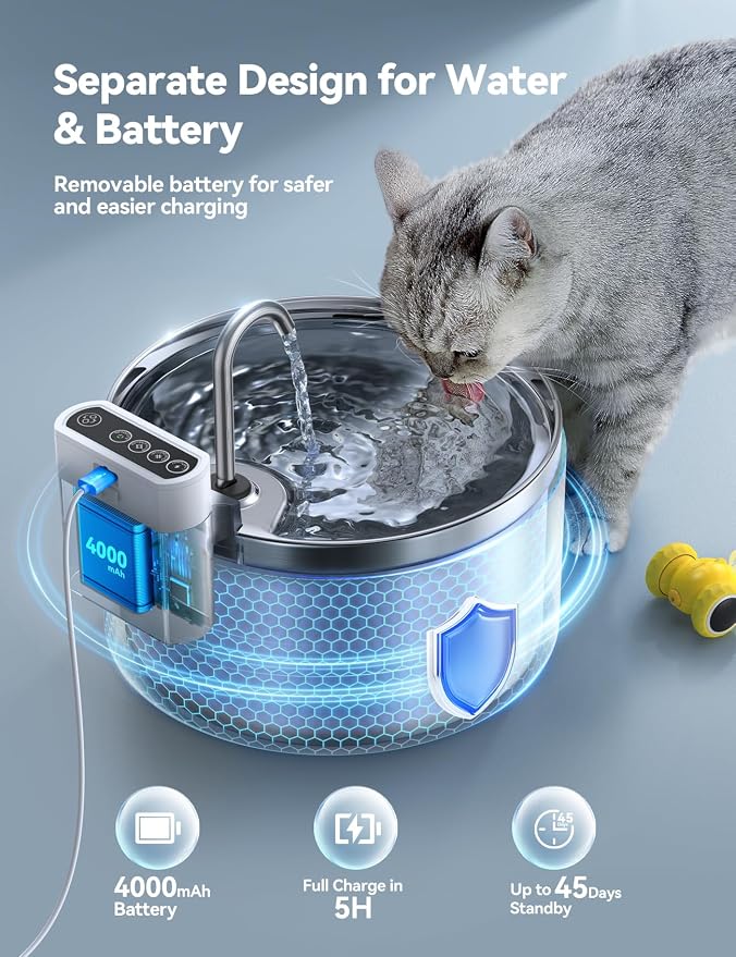 Wireless Stainless Steel Cat Water Fountain, 3.5L Pet Water Fountain for Cats/Dogs with 6 Pack Filter+6 Park Pump Filter Sponges Replacement