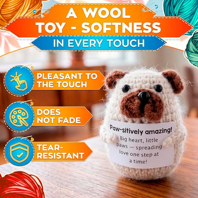 Reluen Crochet Dog, Big Heart Little Paws Handmade Puppy Crochet Animal with Inspirational Affirmation Card, Cute Crochet Desk Buddy Decor Gift for Dog Lovers Women Men Mom Daughter Friend Coworker