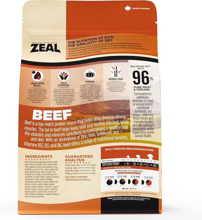 ZEAL Canada Air-Dried Beef Recipe for Dogs - High Protein, Natural Superfoods, Nutrient Rich, No Fillers, Grain Free, Complete & Balanced (Beef, 2.2 lb)
