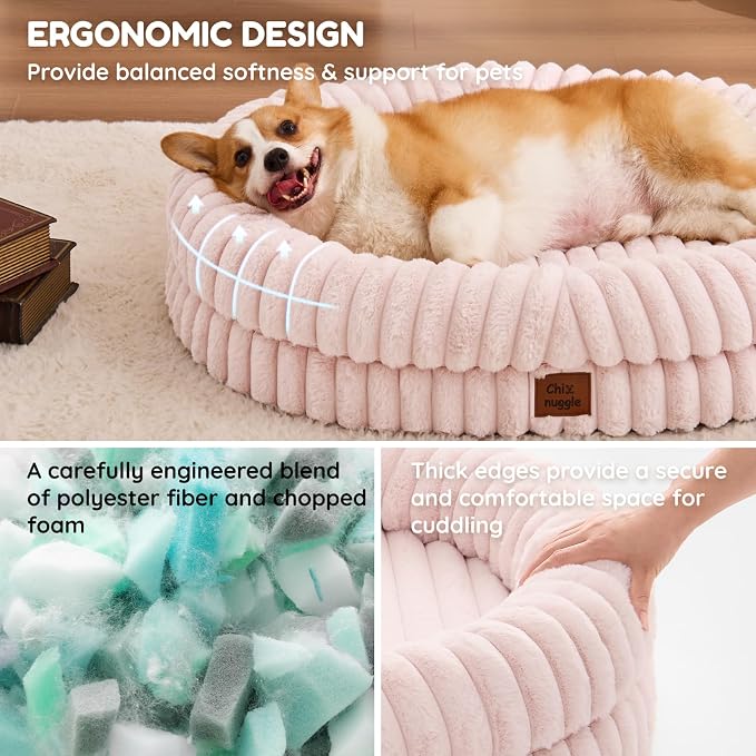 ChiXnuggle Orthopedic Dog Bed for Large Dogs, Waterproof Faux Rabbit Fur Dog Couch with Egg Crate Foam Support and Washable Removable Cover, Bolster Pet Sofa with Non-Slip Bottom, 35x28x7, Pink
