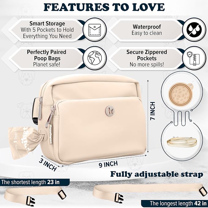 Puppington 3-in-1 Crossbody Dog Walking Bag & Treat Pouch for Pet Training - Matching Compostable Poop Bags, Built-In Poop Bag Dispenser & Slow-Feeding Travel Bowl (Vanilla Cream)