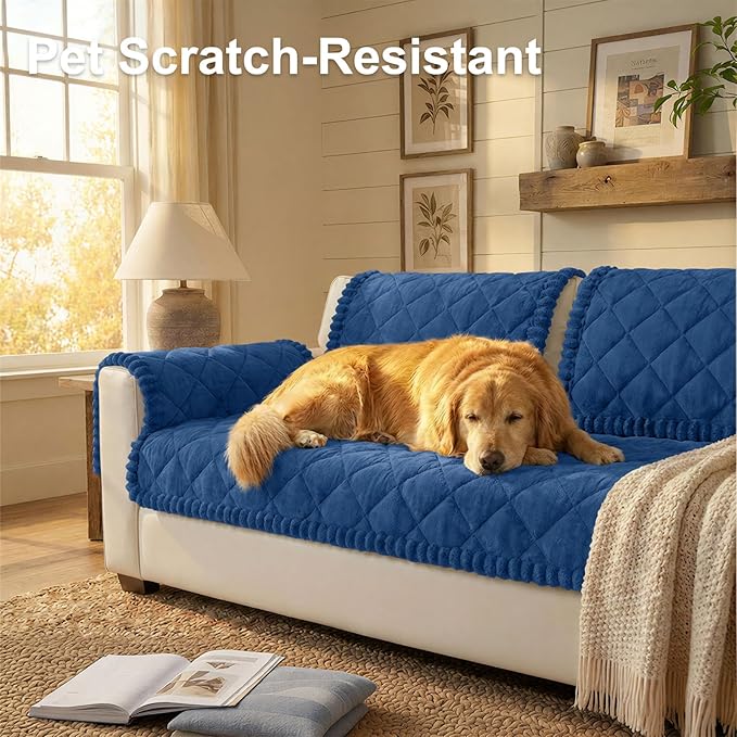 Smiry Couch Cover for Dogs, Non Slip Washable Pet Sofa Protector for Large Dogs, Cats, Fuzzy Plush Sofa Covers for 2 Cushion Couch, Against Fur, Dirt & Scratch Resistant, Navy, 27.6"×47"