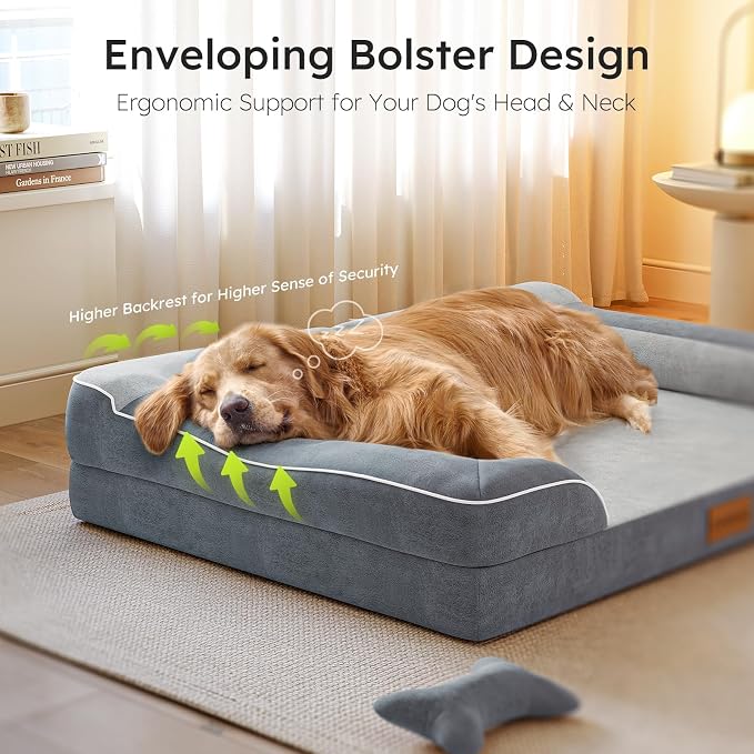 CWAWZ Jumbo Dog Bed for Extra Large Dogs, Orthopedic Dog Bed with Cooling Gel Memory Foam, Waterproof Pet Bed with Removable Washable Cover, 45" Pet Sofa Couch Dutch Velvet with Bone Toy, Dark Gray