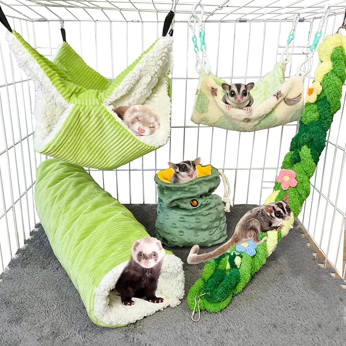 Hamiledyi Ferret Hammock 5 Pack Sugar Glider Climbing Ropes Toys Rat Hanging Tunnel Hammock Swing Squirrel Hideout Bed Cage Accessories for Hamster Mouse Small Animals
