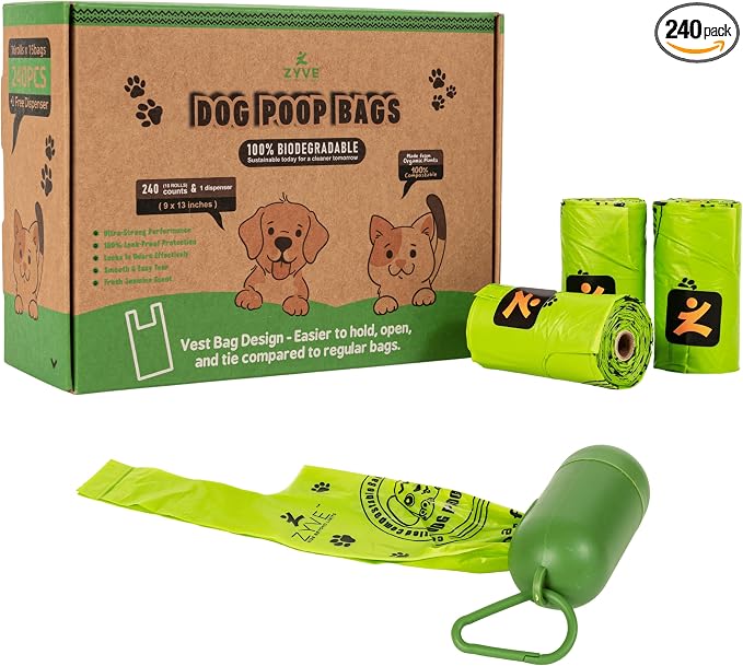 Dog Poop Bags, 100% Compostable & Leak Proof Dog Waste Bags – Vest Style Handle, Extra Thick, 240 Bags (16 Rolls × 15),Cornstarch, PLA & PBAT, TÜV Austria Certified, Dispenser Included