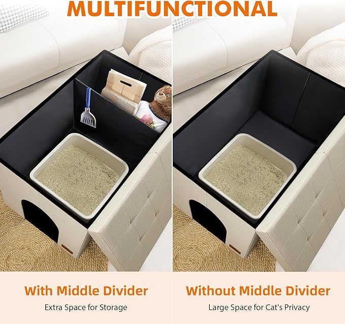 Zerbuger 3-in-1 Cat Litter Box Enclosure for Odor Control, Hidden Litter Box Furniture Cabinet Ottoman with Flip-Up Lid, Multi-Functional Bench with Storage Footrest, Dog Proof (Cream, X-Large)