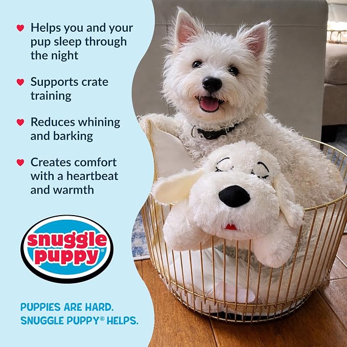 Snuggle Puppy Heartbeat Puppy Toy for Small Breeds, Compact Plush Dog Toy with Heartbeat, Designed for Crate Time, First Nights, and Rest - Cream with 7 Overnight Heat Packs