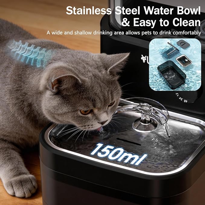 Wireless Cat Water Fountain, Wastewater Separation No Filter Cotton 3L Automatic Cat Water Dispenser Ultra Quiet Stainless Steel Pet Water Fountain for Cats Small Dogs Multiple Pets Indoor