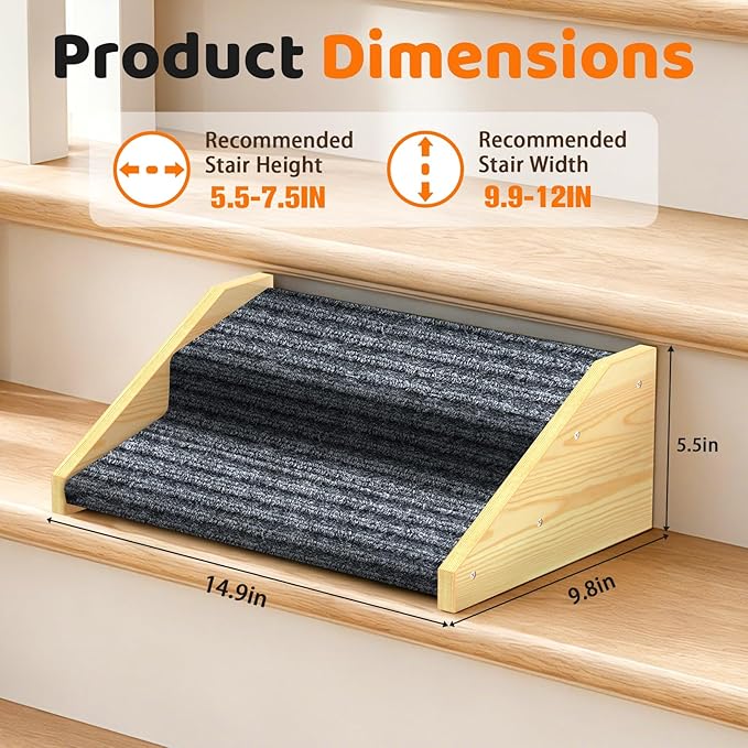 2 Pack Dog Ramp for Stairs-2-Step Wooden Pet Ramp with Non-Slip Carpet for Small Dogs,Gentle Slope Support for Senior Injured Aging Short-Legged Pets,Indoor Use