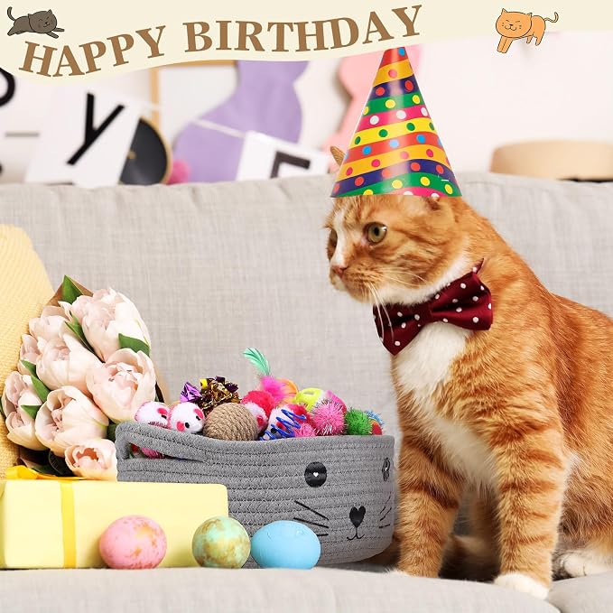 Zopeal 58 Pcs Summer Graduation Cat Storage Basket Gift Toys Set, Colorful Flashing Balls Pet Bell Crinkle Balls Spring Toys Attract Cat to Swat, Hunt, Interactive for Pet(Grey,9.8 Inch)