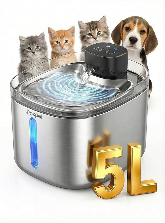 Water Fountain for Cats & Dogs - 5L Stainless Steel Cordless Wireless Pet Water Dispenser Cat Drinking Fountain for Indoor Pets 5L/169fl.oz -Stainless Steel Fountain&8Filter
