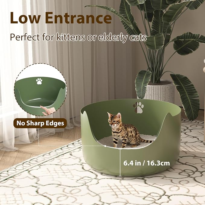 High Sides Low Entry Large Litter Pan (21.6x21.6x13.1 Inches), All-in-One Easy to Clean Plastic Litter Box for Kittens, Elderly & Large Cats, Doubles as Stylish Cat Bed, Green