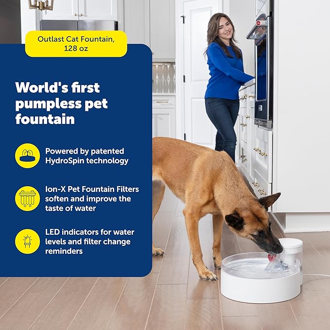 PetSafe Outlast Pumpless Dog Water Fountain 128 oz Indoor Water Dispenser for Dogs and Multiple Cats - Dishwasher Safe, Easy Assembly and Cleaning, Water Filter Included