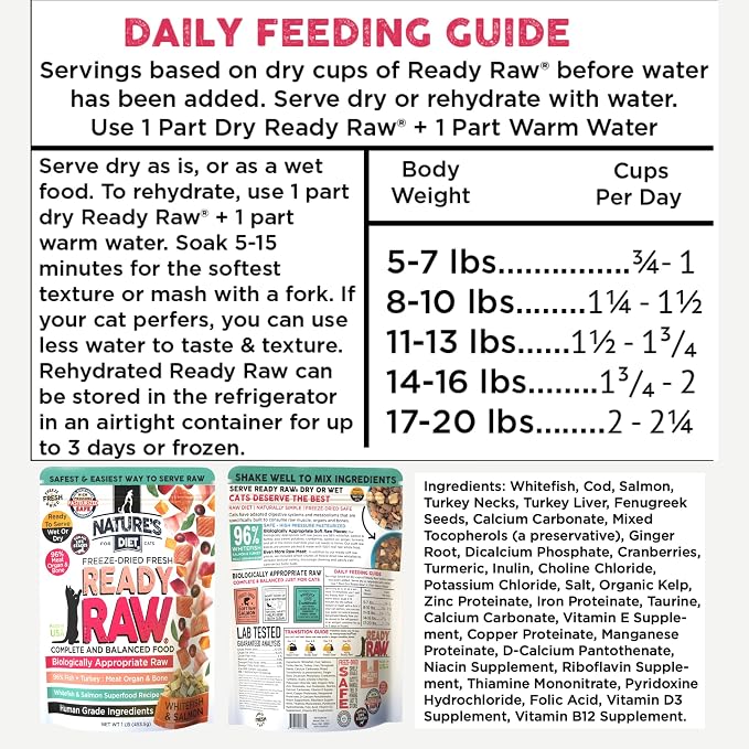 Nature's Diet Ready Raw : Freeze-Dried Raw Cat Food, Salmon & Whitefish, Human Grade, High Pressure Pasteurized (HPP), 96% Meat, Organ, Bone, Safe & Natural, Dry or Wet Feeding