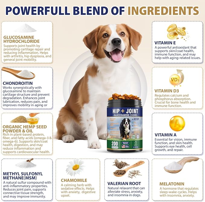 Hip and Joint Supplement for Dogs 200 Hemp Dog Calming Chews with Glucosamine, Chondroitin, Msm, Omega 3, Melatonin for Senior Dogs Anxiety, Dog Pain Relief Anti Inflammatory Small/Medium/Large Breed