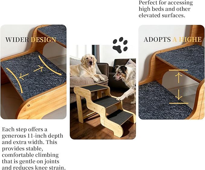 Dog Steps for Bed,Extra Wide Dog Stairs for Large Dogs,3-Step Bamboo Pet Ramp Assist Large Senior/Older Dogs or Pet(Up to 160 Pounds) Get to Couch Or High Bed (H:24 inch)