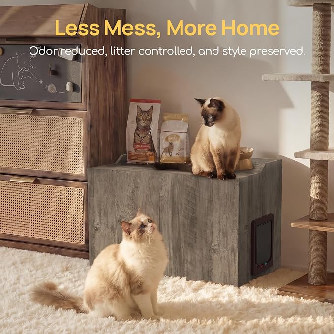 Cat Litter Box Enclosure Furniture with Cat Door, Extra Large Hidden Litter Box Cabinet for XL Boxes, 31.5" L x 19.8" W x 21.1" H, Wooden Cat Box Furniture Odor Control, Gray