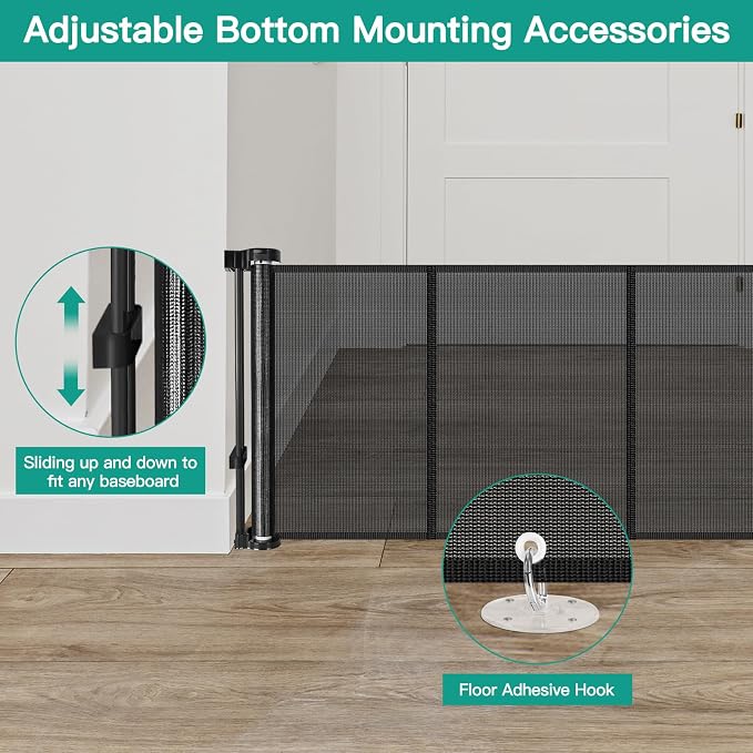 24 Inch Tall x 110 Inch Extra Wide Retractable Dog Gate for The House, Short Baby Gate to Step Over, Reinforced Mesh Puppy Gate for Doorways, Step Over Pet Gate for Stairs, Indoor/Outdoor, Black