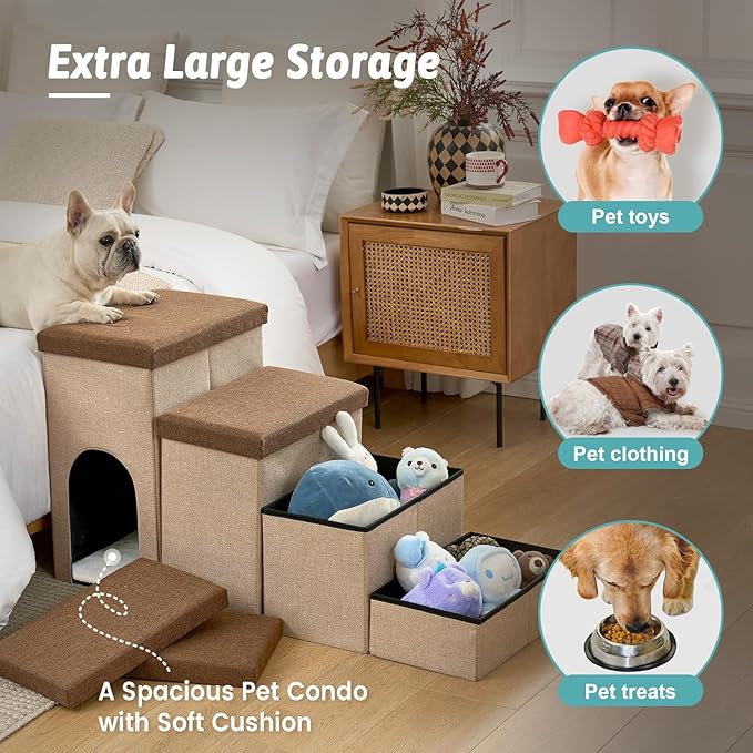 Dog Stairs with Storage, 4-Step Wider Sturdy Dog Steps for Small/Medium/Large Dogs and Older Cats, Doggie Ramp with Condo for Bed/Couch/Car Hold Up to 180 lbs (22.6" H, Brown)