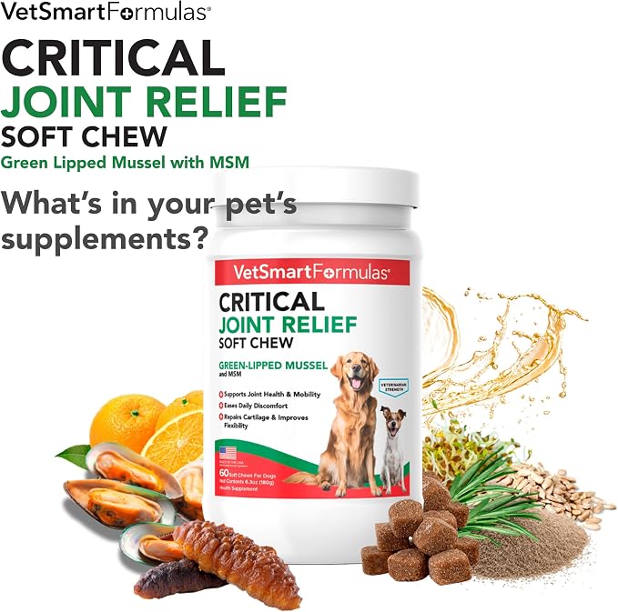 VetSmart Formulas Critical Joint Relief Soft Chew for Dogs – Hip & Joint Supplement with Glucosamine, MSM, Green-Lipped Mussel – Joint Discomfort, Hip Dysplasia & Mobility Support, Made in USA