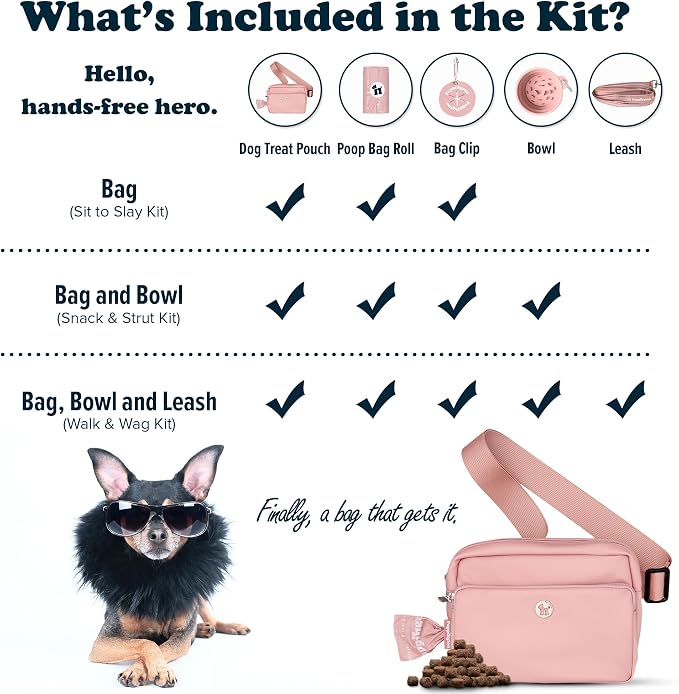 Puppington 3-in-1 Crossbody & Dog Treat Pouch for Pet Training - Matching Compostable Poop Bags, Built-In Poop Bag Dispenser & Slow-Feeding Travel Dog Bowl - Dog Walking Bag (Blush Pink)
