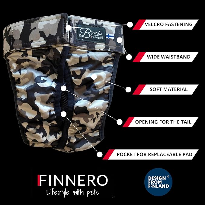 FINNERO Brenda Reusable Dog Diaper, Leak-Proof, Adjustable, Heat & Incontinence Protection, XL – Camo