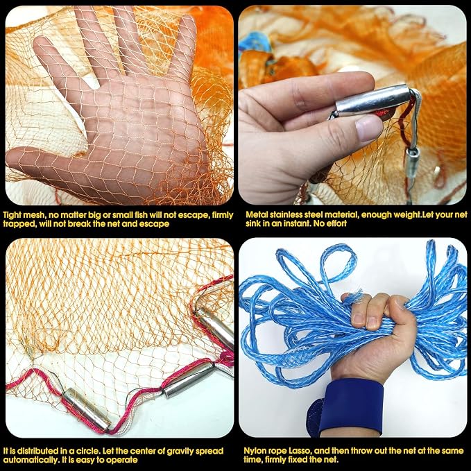 Nylon Multfilament Cast Net, 4FT/6FT/8FT/10FT/12FT American Style Hand Throwing Fishing Net with Zinc Plated Weights for Saltwater and Freshwater