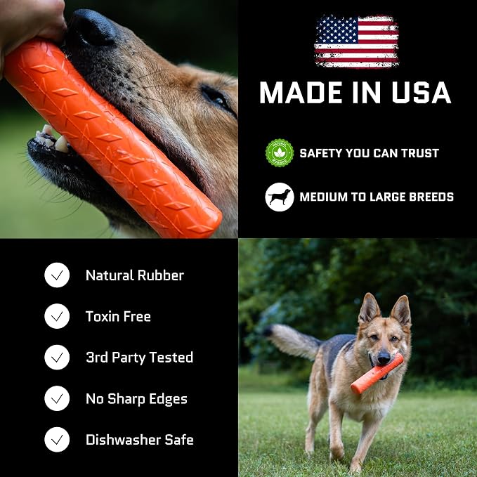 Monster K9 Indestructible Stick Dog Toy - Lifetime Replacement - Durable for Aggressive Chewers - Safe Non-Toxic Natural Rubber - Chew, Tug & Fetch - Tough, Heavy Duty - USA Made - Solid-Core, 9" x 2"