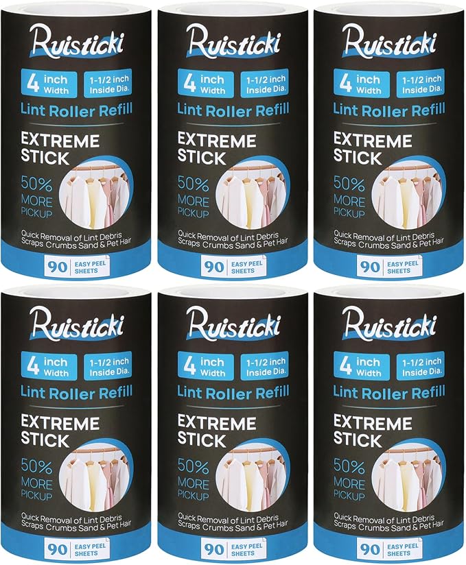 4 inch Lint Roller Refills for Evercare Extreme Stick All Purpose Lint Roller Standard Sticky Roller Refills 6 Pack 90 Sheets per Refill 540 Sheets Total (Inside Dia. 1 1/2 inch)