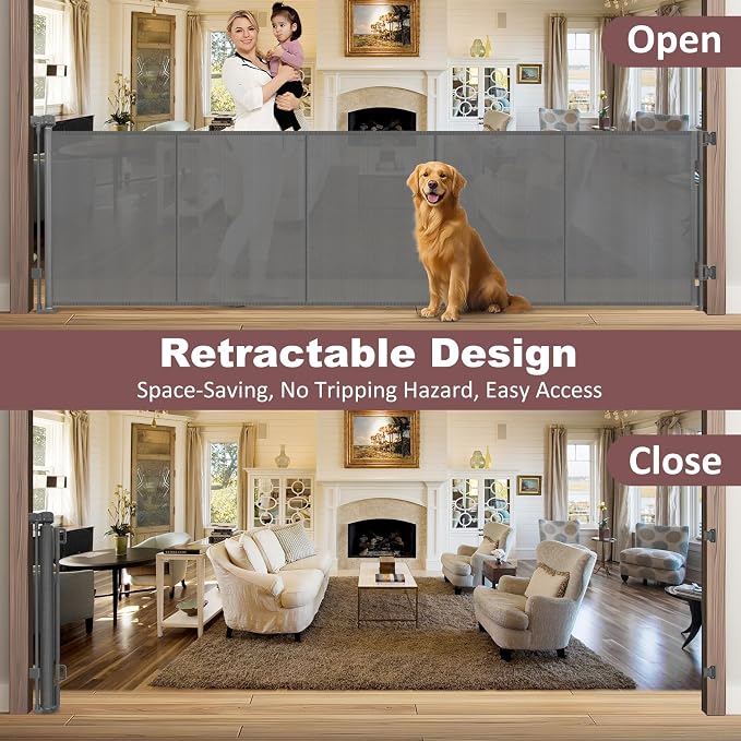 Reinforced 41" Extra Tall Pet Gate 120" Extra Wide Baby Gates for Large Openings, Extra Tall Retractable Baby Gates with Support Rods, Indoor Outdoor Large Dog Gate, Gray