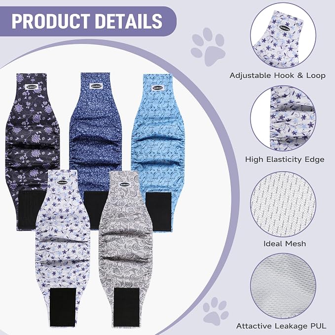 Male Dog Diapers, High Absorbing Dog Belly Bands for Male Dogs, Washable Reusable Dog Males Wraps(5 Pack)