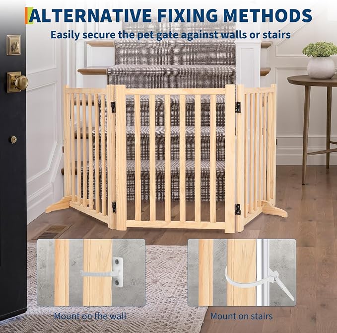 Wooden Freestanding Dog Gate, Foldable Pet Gate with Support Feet, Indoor Dog Fence for The House,Doorways, Stairs，Expandable Pet Fence -3 Panel H:24”