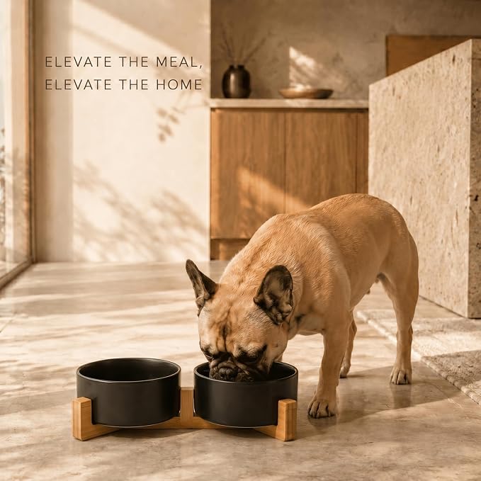 SPUNKYJUNKY Ceramic Dog and Cat Bowl Set with Wooden Stand, Modern Cute Weighted Food Water Set for Small Size Dogs (13.5OZ) & Medium Sized Dogs (28.7OZ) & Cats (3.6 Cups, 2 × Black)