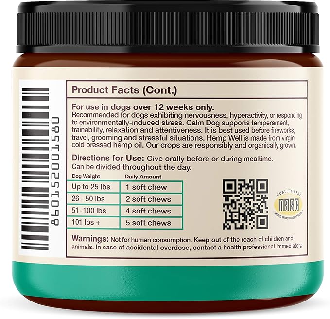 Hemp Well Calm Dog Soft Chews: 60 ct. Organic Hemp Infused with Melatonin - Calming Chews for Separation, Thunderstorms, and Stressful Situations