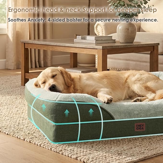 EHEYCIGA Orthopedic Dog Bed for Large Sized Dog, 36x27 Inch Large Memory Foam Dog Couch Bed with Sides, Waterproof Liner & Washable Removable Cover, Bolster Pet Sofa, Green