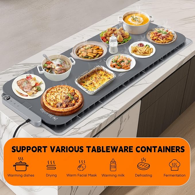 Homelove Warming Mat for Food - Electric Warming Tray with 7-Level Temperature and 6-Level Hours Setting, Full Surface Heating, Waterproof Dishwasher-Friendly Food Warmer for Parties, Kitchen (Grey)