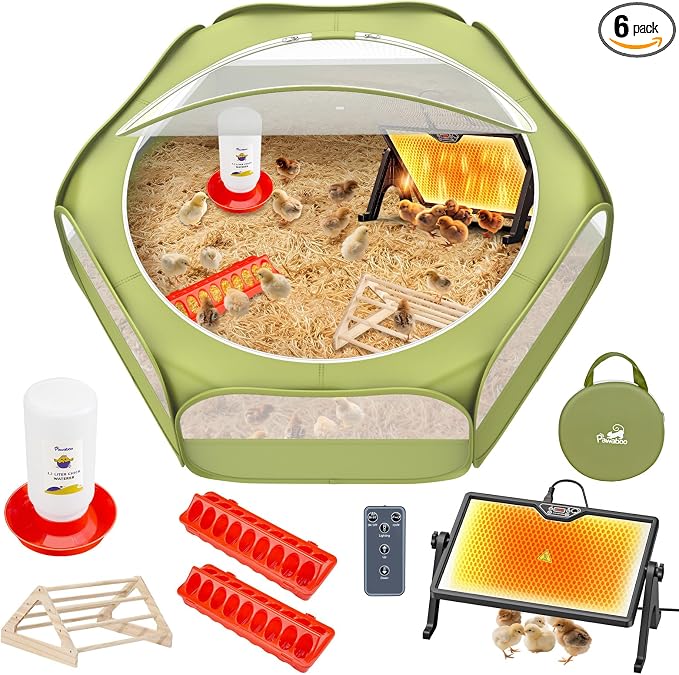 Pawaboo 6-in-1 Chicken Brooder Box for Chick Starter Kit, Includes Pet Cage Tent, Brooders Heating Plate, Chicks Perch, Feeder and 1.1L Chick Waterer, Chicks Supplies (Brooder Set)