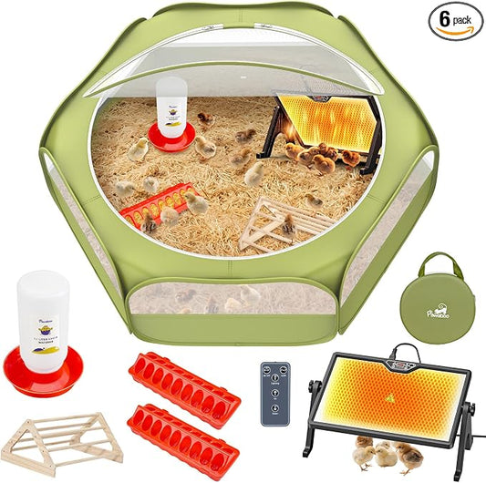 Pawaboo 6-in-1 Chicken Brooder Box for Chick Starter Kit, Includes Pet Cage Tent, Brooders Heating Plate, Chicks Perch, Feeder and 1.1L Chick Waterer, Chicks Supplies (Brooder Set)