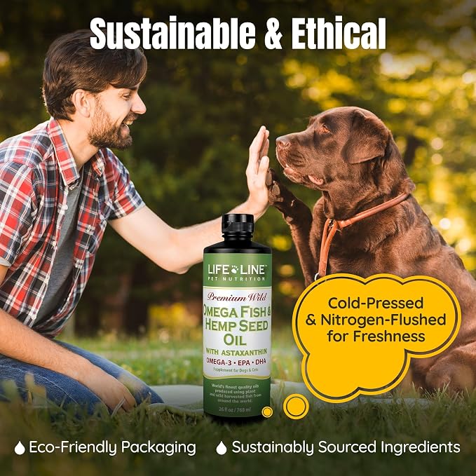 Lifeline Premium Pet Hemp Oil for Dogs & Cats – Omega 3 Supplement with Fish Oil & Astaxanthin for Joint Health, Itchy Skin & Anxiety – Dog Hemp Oil Supports Pain Relief – 26 oz