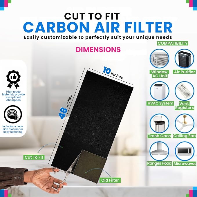 Cut to Fit Activated Carbon Filter Sheet 10” x 48” - Activated Carbon Air Filter for Air Purifiers Window AC Air Vent And More - Charcoal Filters Absorb Odors & Freshens the Air (2-Pack)