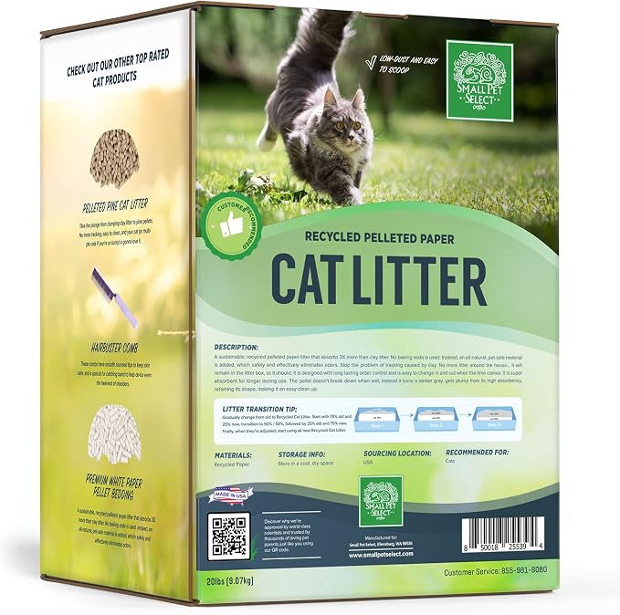 Small Pet Select Recycled Pelleted Paper Cat Litter, Kitty Litter, Non Clumping Pellets for Cats, for Use with Litter Box, Non Tracking, Low Dust, Made in USA, 20lb